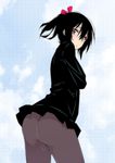  ass black_hair bulge from_behind hair_ribbon inui_sanagi looking_at_viewer looking_back male_focus original otoko_no_ko pantyhose ribbon short_hair solo standing 