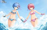  ass_visible_through_thighs bikini blue_bikini blue_eyes blue_hair breasts copyright_name fingerless_gloves gloves groin hair_ornament hair_over_one_eye hairband highres holding_hands maid_headdress medium_breasts multiple_girls pink_bikini pink_eyes pink_hair pink_ribbon purple_ribbon ram_(re:zero) re:zero_kara_hajimeru_isekai_seikatsu rem_(re:zero) ribbon short_hair siblings sisters small_breasts sony_kisaragi swimsuit thigh_gap twins underboob water x_hair_ornament 