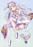  absurdres animal bare_shoulders braid breasts cat crown_braid elf emilia_(re:zero) flower hair_flower hair_ornament highres long_hair medium_breasts pointy_ears puck_(re:zero) purple_eyes re:zero_kara_hajimeru_isekai_seikatsu silver_hair smile solo thighhighs white_legwear yoshida_iyo 