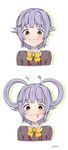  alternate_hairstyle artist_name bad_id bad_pixiv_id blood blood_from_mouth blood_on_face brown_eyes check_commentary commentary_request hair_ornament hair_rings hairclip highres idolmaster idolmaster_cinderella_girls koshimizu_sachiko looking_at_viewer purple_hair short_hair signature sketch smile solo tears yoshiwa_tomo 