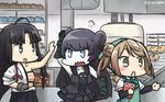  anger_vein apron arm_warmers black_hair blush bow commentary dated double_bun doughnut factory food gloves hadanugi_dousa hair_ribbon hamu_koutarou head_scarf highres japanese_clothes kantai_collection light_brown_hair light_cruiser_oni long_hair michishio_(kantai_collection) multiple_girls open_mouth partly_fingerless_gloves ribbon school_uniform shinkaisei-kan short_twintails shouhou_(kantai_collection) tress_ribbon twintails yugake 