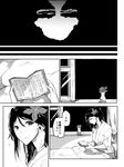  amagi_(kantai_collection) asakawa_(outeq) bad_id bad_pixiv_id bed bedroom comic flower greyscale hair_between_eyes hair_flower hair_ornament hospital_bed indoors japanese_clothes kantai_collection long_hair mole mole_under_eye monochrome notebook parted_lips ponytail reading sitting translated window 