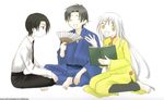  3boys barefoot black_hair black_necktie black_pants book eyes_closed fan folding_fan fruits_basket japanese_clothes long_hair male_focus multiple_boys necktie reading silver_hair simple_background sitting smile souma_ayame souma_hatori souma_shigure suit trio white_hair white_shirt yellow_eyes 