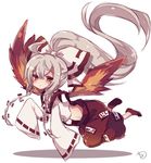  :&lt; adapted_costume ahoge alternate_hairstyle baggy_pants bangs blush bow brown_eyes closed_mouth collared_shirt expressionless fiery_wings flying fujiwara_no_mokou hair_between_eyes hair_bow high_ponytail long_hair long_sleeves looking_at_viewer looking_to_the_side midriff muuran ofuda pants ponytail red_footwear red_pants ribbon-trimmed_sleeves ribbon_trim shiny shiny_hair shirt shoes sidelocks signature silver_hair sleeves_past_fingers sleeves_past_wrists solo suspenders touhou very_long_hair white_background white_bow white_shirt wings 