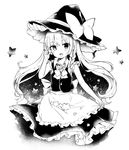  apron bangs bow braid greyscale hair_bow hat hat_bow kedama_milk kirisame_marisa long_hair looking_at_viewer monochrome short_sleeves side_braid simple_background skirt solo star touhou vest white_background witch_hat 
