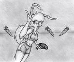  2011 anthro carrot clothing female food greyscale gun gzegzolka hair jazz_jackrabbit_(series) lagomorph long_hair lori_jackrabbit mammal midriff monochrome navel open_mouth open_smile pencil_(artwork) ponytail rabbit ranged_weapon smile teeth tight_clothing traditional_media_(artwork) vegetable video_games weapon 