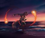 4_toes 5_fingers anthro beach black_nose brown_fur canine clothed clothing detailed_background digitigrade fire fluffy fluffy_tail fur grey_fur koul male mammal open_mouth outside seaside sky smile solo standing toes topless twilight water wolf 