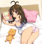  antenna_hair ass bare_shoulders bed blue_eyes blush breasts brown_hair commentary eyebrows eyebrows_visible_through_hair from_behind handheld_game_console indoors large_breasts long_hair looking_at_viewer looking_back lying nintendo_3ds off_shoulder on_bed on_stomach open_mouth oppai_loli original panties pantyshot pillow pink_panties playing_games ryoji_(nomura_ryouji) sideboob skirt solo strap_slip striped striped_panties stuffed_animal stuffed_toy teddy_bear underwear 