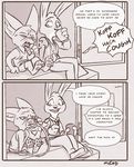  2016 alcohol anthro beer beverage black_and_white canine clothed clothing comic dialogue disney duo english_text finnick fox fur july_hopps_(mistermead) mammal mistermead monochrome speech_bubble text uniform zootopia 