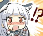  1girl :o @_@ bad_id bad_twitter_id blush engiyoshi eyebrows_visible_through_hair face hair_ribbon kantai_collection murakumo_(kantai_collection) nose_blush red_eyes ribbon shark solo square_mouth tress_ribbon v-shaped_eyebrows white_hair 