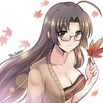  ahoge artist_name autumn_leaves bare_shoulders breasts brown_eyes brown_hair cleavage collarbone commentary_request eyebrows eyebrows_visible_through_hair falling_leaves glasses hair_intakes highres holding holding_leaf kantai_collection leaf long_hair looking_at_viewer medium_breasts sarashi shouhou_(kantai_collection) smile solo the-sinner upper_body white_background 