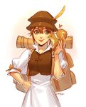  1girl animal blush brown_hair dress gloves green_eyes hat jewelry long_hair mella necklace octopath_traveler short_hair simple_background smile solo squirrel tressa_(octopath_traveler) white_background 