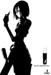  ad black_sclera blame! blending cyborg english greyscale gun high_contrast highres holding_lipstick lipstick logo makeup mechanical_arm monochrome sanakan sate simple_background solo toha_heavy_industries weapon white_background 