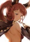  animal_ears backless_outfit backlighting bloom detached_sleeves erune granblue_fantasy grey_eyes highres instrument kurosawa_shouichi long_hair long_sleeves mole mole_under_eye open_mouth red_hair selfira simple_background solo violin white_background 