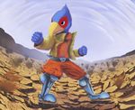  2016 anthro avian beak bird blue_eyes blue_feathers clothed clothing falco_lombardi feathers male nintendo prosthetic_leg solo star_fox thousandfoldfeathers video_games 