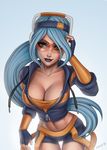  alternate_costume alternate_hair_color bike_shorts blue_eyes blue_hair breasts cleavage essentialsquid fingerless_gloves fnatic_janna gloves headphones highres jacket janna_windforce large_breasts league_of_legends lipstick long_hair looking_at_viewer makeup midriff navel purple_lipstick solo sunglasses very_long_hair 