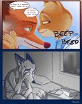  2016 anthro canine clothed clothing comic dialogue disney duo english_text fox fur july_hopps_(mistermead) mammal mistermead nick_wilde speech_bubble text uniform zootopia 