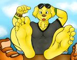  2016 5_fingers abs anthro athletic big_head black_clothing blue_clothing blue_sky bojack_horseman brown_nose canine cheek_tuft clothed clothing colored cute day detailed_background digital_drawing_(artwork) digital_media_(artwork) dog droopy_ears eyebrows eyewear feet foot_focus front_view fur head_tuft humanoid_hands labrador light looking_at_viewer male mammal mr._peanutbutter muscular muscular_male no_iris outside pecs pointing sebafox shaded shirt shorts shows sky smile solo sunglasses toenails tongue tongue_out toony tuft yellow_fur 