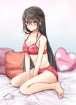  2016 bad_feet bare_arms bare_legs bed bed_sheet between_legs black_hair blush bra breasts cushion dated from_side gurifu hair_between_eyes hair_ornament hairclip hand_between_legs haruna_(kantai_collection) kantai_collection long_hair looking_at_viewer medium_breasts midriff red_bra signature sitting solo toes underwear underwear_only yellow_eyes 