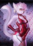  anthro black_nose breasts cat clothed clothing dress ear_piercing feline female fur gloves hair looking_at_viewer mammal piercing solo standing vagabondbastard white_fur white_hair wide_hips 