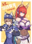  1girl 2d animal_ears arashi_(show_by_rock!!) blue_eyes breasts brown_eyes criss-cross_halter crossed_arms dog_ears dog_tail facial_mark fox_ears fox_shadow_puppet halter_top halterneck headgear headphones high_ponytail kuji-in large_breasts miniskirt ninja one_eye_closed outside_border ponytail red_hair rin_(show_by_rock!!) show_by_rock!! shuriken simple_background skirt smile tail twitter_username yellow_background 