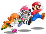  2boys action_gamer_level_1 belt blue_eyes facial_hair gashacon_breaker goggles gun ink_tank_(splatoon) inkling kamen_rider kamen_rider_ex-aid kamen_rider_ex-aid_(series) konpeto mario mario_(series) mighty_action_x_level_1 multiple_boys mustache orange_eyes spiked_hair splatoon_(series) splatoon_1 splattershot_(splatoon) super_mario_bros. tentacle_hair weapon 