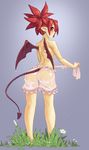  ass back bloomers borvar breasts demon_girl demon_tail demon_wings disgaea earrings etna from_behind grass highres jewelry looking_at_viewer makai_senki_disgaea pink_hair plant pointy_ears sideboob skull_earrings small_breasts solo tail topless twintails underwear water wet wet_bloomers wet_clothes wet_hair white_bloomers wings wringing_clothes 