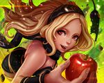  animal apple artist_name bare_shoulders black_hairband black_scarf blonde_hair breasts cat cleavage food fruit gravity_daze grin hairband holding holding_food holding_fruit kitten_(gravity_daze) long_hair looking_at_viewer magion02 medium_breasts nose red_eyes scarf smile solo teeth 
