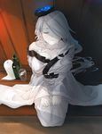  alternate_costume bottle breasts closed_eyes closed_mouth collarbone eyebrows flower glass gouros hair_flower hair_ornament hair_over_one_eye highres japanese_clothes kantai_collection kimono large_breasts long_hair off_shoulder pale_skin seaport_summer_hime seiza shinkaisei-kan shirt sitting solo white_shirt 