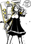  absurdres backlighting dress gandalf hair_blowing highres holding holding_weapon kantai_collection looking_at_viewer lord_of_the_rings mecha_musume mechanical_halo monochrome polearm sate searchlight sketch solo spear spoken_person spot_color stop tatsuta_(kantai_collection) weapon you_shall_not_pass 