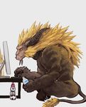  ambiguous_gender capcom claws computer desk fangs feral fur hair horn mammal monster_hunter rajang red_eyes sitting solo video_games 