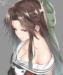  bangs bare_shoulders blush bow breasts brown_eyes brown_hair cleavage closed_mouth collarbone green_bow grey_background hair_bow half-closed_eyes half_updo isshiki_(ffmania7) jintsuu_(kantai_collection) kantai_collection long_hair looking_to_the_side medium_breasts neckerchief off_shoulder parted_bangs sailor_collar shiny shiny_skin shirt shirt_slip sidelocks simple_background sleeveless sleeveless_shirt smile solo twitter_username 