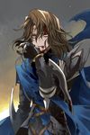  armor blood blood_on_face brown_eyes brown_hair cape eyebrows eyebrows_visible_through_hair granblue_fantasy gucha_(netsu) licking_lips long_hair looking_at_viewer male_focus siegfried_(granblue_fantasy) solo tongue tongue_out torn_clothes 