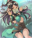  :d bangs bare_shoulders black_hair breasts detached_collar detached_sleeves double_v long_hair looking_at_viewer medium_breasts omaesan_(camp-192) open_mouth paladins parted_bangs pointy_ears ponytail smile solo tiara underboob v veil yellow_eyes ying_(paladins) 
