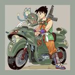  alternate_hairstyle assault_rifle bad_id bad_pixiv_id black_eyes black_hair blue_footwear boots dragon_ball dragon_ball_(classic) goggles goggles_around_neck ground_vehicle gun helmet holding inu_riyoushi motor_vehicle motorcycle neckerchief puar rifle signature smile weapon wristband yamcha 