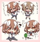  &gt;_&lt; 2girls :d ? anchor_symbol beamed_sixteenth_notes bell_pepper black_legwear black_skirt brown_eyes brown_hair closed_eyes commentary eighth_note fang folded_ponytail hair_ornament hairclip ikazuchi_(kantai_collection) inazuma_(kantai_collection) jako_(jakoo21) kantai_collection kneehighs long_hair long_sleeves multiple_girls musical_note neckerchief open_mouth pantyhose pepper ponytail school_uniform serafuku short_hair skirt smile tears translated wavy_mouth xd 