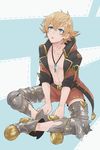  armor blonde_hair blue_background blue_eyes boots feather_(granblue_fantasy) flipped_hair full_body granblue_fantasy gucha_(netsu) indian_style jacket jewelry looking_up male_focus navel necklace open_clothes open_jacket shirtless shorts sitting solo sweat 