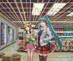  7-eleven :o alternate_eye_color aqua_hair bag bespectacled black_shirt blonde_hair blue_eyes bow box can cardboard_box casual ceiling ceiling_light convenience_store crossed_arms flipped_hair frilled_skirt frills glasses grey_jacket hair_bow hair_ornament hand_in_pocket hatsune_miku head_tilt headphones headphones_around_neck index_finger_raised indoors jacket jewelry kagamine_rin long_hair long_sleeves looking_at_viewer multiple_girls natural_(module) necklace newx open_clothes open_jacket open_mouth pendant pepsi perspective plaid plaid_skirt project_diva_(series) red-framed_eyewear red_eyes red_skirt ribbon shelf shirt shop short_hair shoulder_bag signature skirt smile soda_bottle soda_can striped striped_legwear sweatshirt thighhighs tile_floor tiles twintails very_long_hair vocaloid white_ribbon x_hair_ornament zettai_ryouiki 