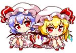  bat_wings blonde_hair blue_hair blush_stickers bow chibi dress flandre_scarlet frilled_skirt frills full_body hair_between_eyes hands_on_own_knees hat hat_ribbon looking_at_viewer mary_janes mob_cap multiple_girls puffy_short_sleeves puffy_sleeves red_bow red_eyes red_footwear red_ribbon red_skirt remilia_scarlet renren_(ah_renren) ribbon ribbon_trim shoes short_hair short_sleeves side_ponytail simple_background sitting skirt smile socks touhou white_background white_dress white_hat white_legwear wings 