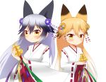  2girls animal_ear_fluff animal_ears bangs bell black_hair blonde_hair blush brown_eyes brown_flower closed_mouth commentary_request eyebrows_visible_through_hair ezo_red_fox_(kemono_friends) flower fox_ears gradient_hair hair_between_eyes hair_flower hair_ornament hakama highres japanese_clothes jingle_bell kagura_suzu kemono_friends kemono_friends_festival kimono long_sleeves miko multicolored_hair multiple_girls purple_flower red_hakama ribbon-trimmed_sleeves ribbon_trim shin01571 short_kimono silver_fox_(kemono_friends) silver_hair simple_background smile white_background white_kimono wide_sleeves 