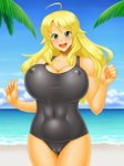  1girl beach blonde_hair breasts cameltoe green_eyes hoshii_miki idolmaster kawanuma_uotsuri large_breasts ocean solo swimsuit 