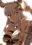 animal_ears asymmetrical_clothes backlighting bangs bare_shoulders bloom blunt_bangs breasts cat_ears cleavage erune granblue_fantasy grin hair_ornament highres holding korwa kurosawa_shouichi lavender_eyes left-handed long_hair looking_at_viewer medium_breasts quill smile solo upper_body white_hair 