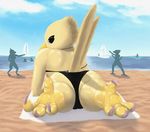  anthro avian beach beak bikini bird butt canary clothed clothing feathers female hi_res looking_at_viewer outside seaside sky solo swimsuit thousandfoldfeathers water 