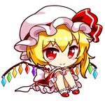  blonde_hair blush_stickers bow chibi flandre_scarlet frilled_skirt frills full_body hands_on_own_knees hat hat_ribbon looking_at_viewer lowres mary_janes mob_cap puffy_short_sleeves puffy_sleeves red_bow red_eyes red_footwear red_ribbon red_skirt renren_(ah_renren) ribbon shoes short_sleeves side_ponytail simple_background sitting skirt smile solo touhou white_background white_hat white_legwear wings 