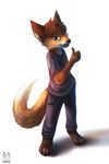  4_fingers 4_toes anthro barefoot black_nose blue_eyes brown_hair canine clothed clothing fox fur hair headphones looking_at_viewer male mammal orange_fur simple_background smile solo standing thanshuhai toes white_background 