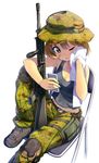  ;o alternate_costume assault_rifle bad_id bad_pixiv_id bandaid bandaid_on_face bare_arms belt blonde_hair boots breasts brown_eyes camouflage camouflage_hat camouflage_pants cellphone chair cleavage collarbone from_above gun hat holding holding_gun holding_phone holding_towel holding_weapon kantai_collection knee_up looking_at_phone m16a4 magenta_(atyana) medium_breasts midriff military oboro_(kantai_collection) one_eye_closed pants phone rifle short_hair simple_background sitting smartphone solo sweat tank_top towel vertical_foregrip weapon white_background 