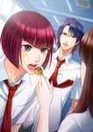  2boys blue_eyes blue_hair brown_hair eri_(happpychamp) feeding food gakuensai_no_ouji-sama hirose_shizuka long_hair mukahi_gakuto multiple_boys necktie open_mouth oshitari_yuushi purple_hair school_uniform short_hair sweatdrop takoyaki tennis_no_ouji-sama 