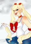  1girl adapted_costume bangs bishoujo_senshi_sailor_moon blonde_hair bow choker cigarette cleavage earrings forehead_mark gloves hand_on_hip lipstick long_hair pathesisx sailor_moon smile smoking solo tsukino_usagi twintails victory_rolls white_gloves 