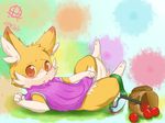  absurd_res anthro apple basket blush bottomless bulge canine clothed clothing covering covering_crotch cub cute eyewear food fox fruit fur goggles hi_res looking_at_viewer lying male mammal on_back orange_eyes orange_fur rainbow_background shadow simple_background solo young 典藏haodai 