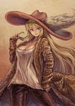  awilda_(p&amp;d) blonde_hair breasts cleavage coat collarbone contemporary hat hat_feather jewelry large_breasts long_hair mole mole_under_eye necklace puzzle_&amp;_dragons shouma_(bravespiritya) smirk solo sunglasses very_long_hair 